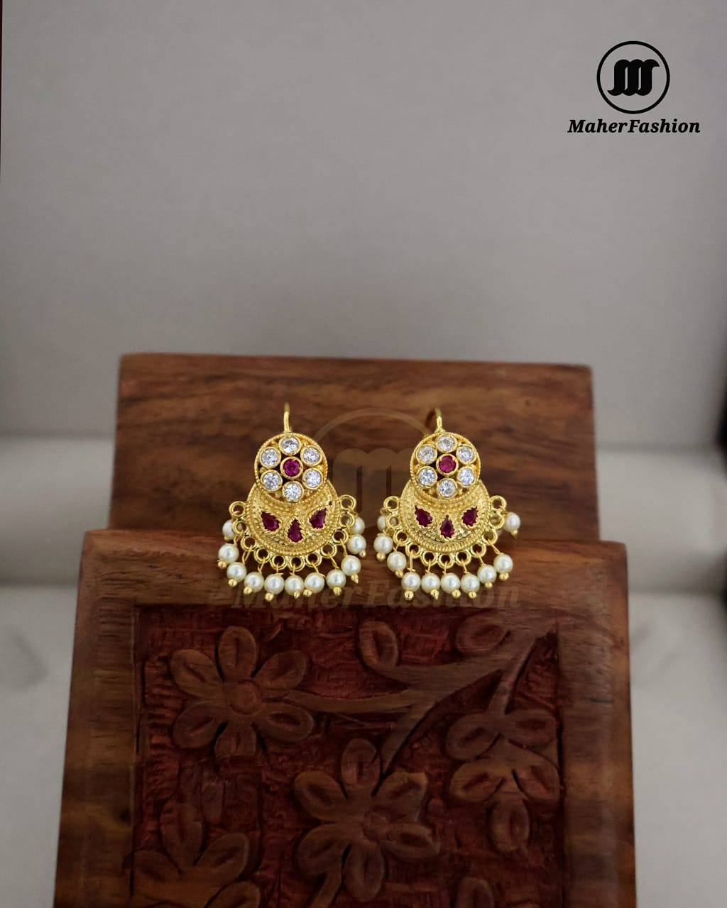 Red- Green Stone Golden Earrings|Maherfashion